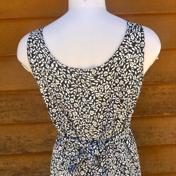 Handmade Black & White Floral Sleeveless Sun Dress W/ Waist Tie Lightweight Medi - Picture 3 of 7